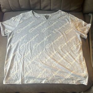 Champion Repeat Logo Heather Gray Roll Sleeve Crop Top Tee Sz Medium